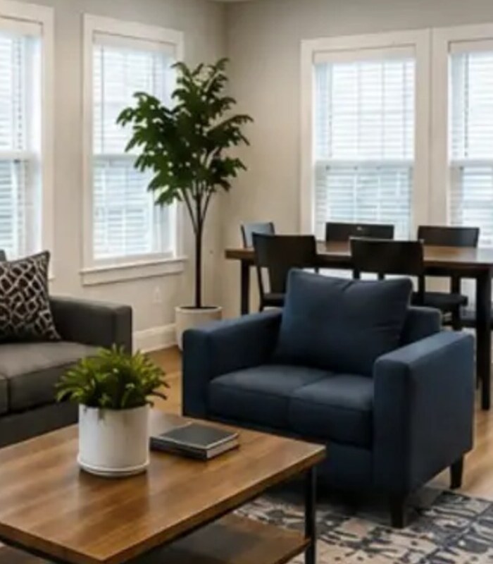 Dining area with a wood table and chairs next to the living room